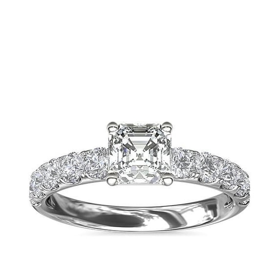 1.00 Carat Brilliant Asscher Cut Real Diamond Elegant Solitaire with Accents Wedding Ring for Women Solid 14K White Gold Size 10