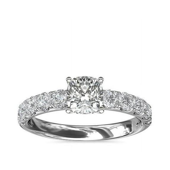 1.00 Carat Brilliant Cushion Cut Real Diamond Elegant Solitaire with Accents Wedding Ring for Women Solid 14K White Gold Size 10