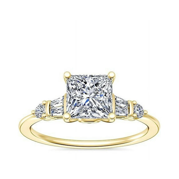 1.00 Carat Brilliant Princess Cut Natural Diamond Elegant Solitaire with Accents Ring for her Solid 18K Yellow Gold Size 9.5