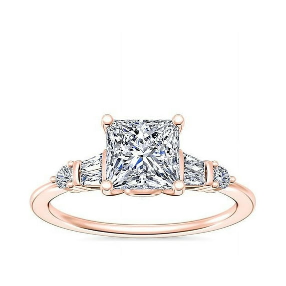 1.00 Carat Brilliant Princess Cut Real Diamond Elegant Solitaire with Accents Wedding Ring for Women Solid 18K Rose Gold Size 10