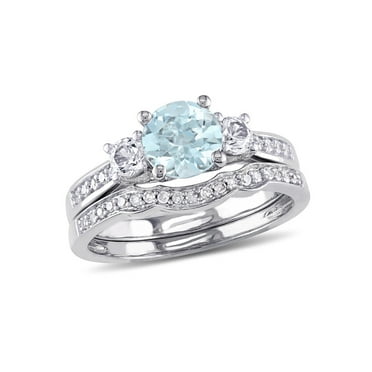 1.00 Carat (Ctw) Aquamarine & Created White Sapphire Engagement Ring & Wedding Band Set with Accent Diamonds, 10K White Gold