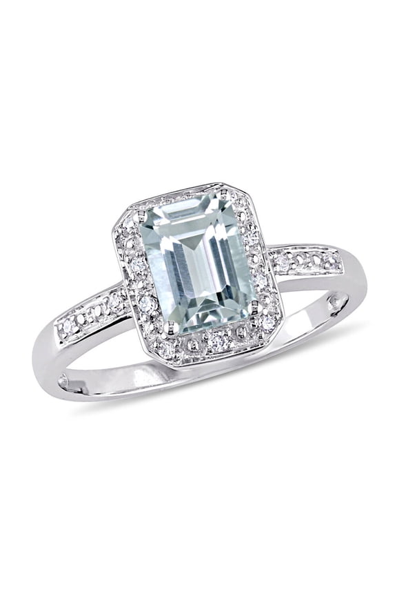 1.00 Carat (Ctw) Clear-Light Emerald-Cut Aquamarine Ring with Diamonds 10K White Gold for Women