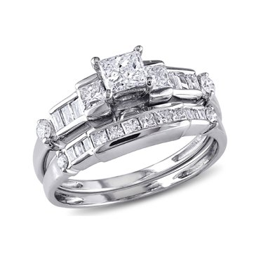 1.00 Carat (Ctw G-H, I2-I3) Princess-Cut Diamond Engagement Ring & Wedding Band 14K White Gold