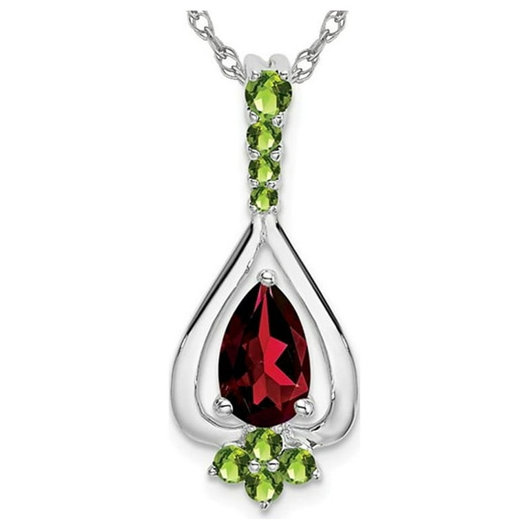 1.00 Carat Ctw Garnet and Peridot Drop Pendant Necklace in 14K White Gold with Chain