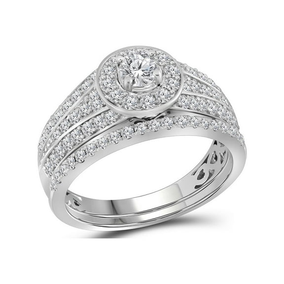 1.00 Carat (Ctw H-I, I1-I2) Diamond Engagement Halo Ring Wedding Set in 14K White Gold for Women