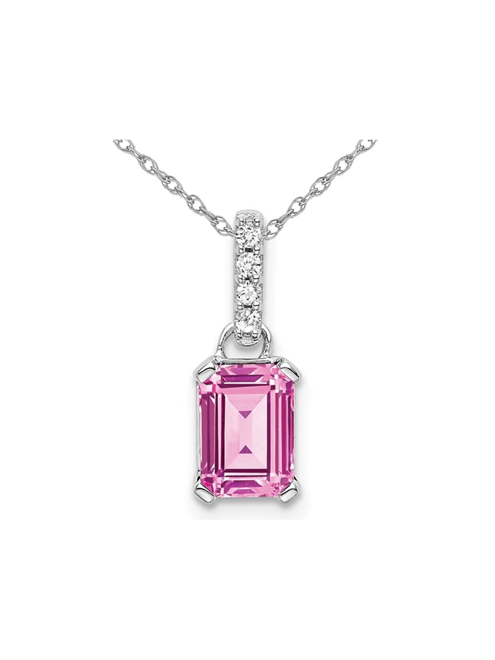 1.00 Carat (Ctw) Lab-Created Pink Sapphire Emerald Cut Pendant Necklace in  10K White Gold with Chain