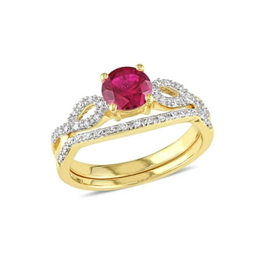 1.00 Carat (Ctw) Lab-Created Ruby with Diamond Bridal Wedding Set Engagement Ring 10K Yellow Gold