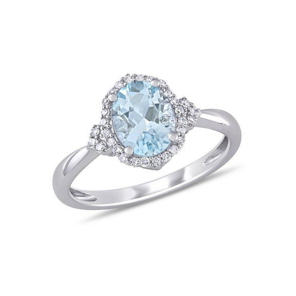 1.00 Carat (Ctw) Light Aquamarine Halo Ring with Diamonds in 10K White Gold for Women