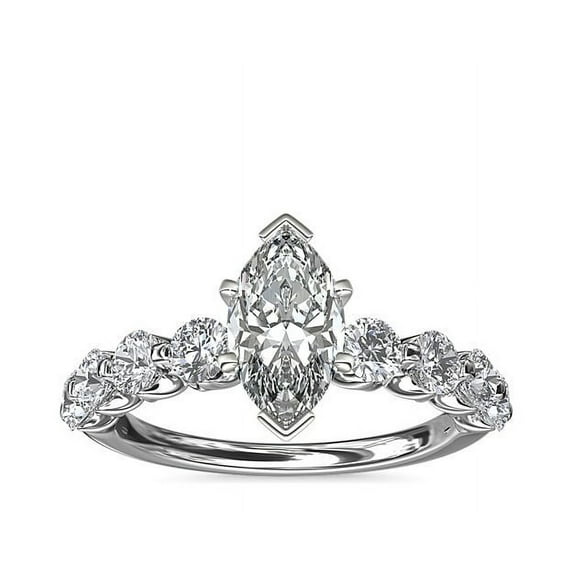 1.00 Carat Excellent Marquise Cut Natural Diamond Unique Solitaire with Accents Ring for Women Solid 18K White Gold Size 8.5