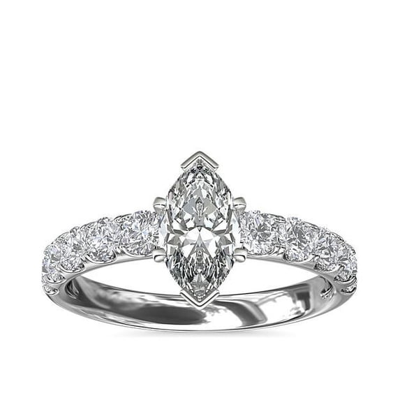 1.00 Carat Excellent Marquise Shape Genuine Diamond Latest Design Solitaire with Accents Engagement Ring for Ladies Solid 18K White Gold Size 7.5