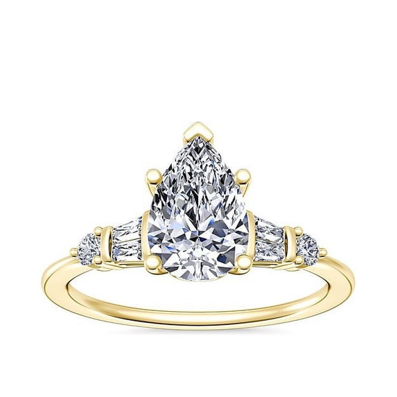 1.00 Carat Excellent Pear Shape Genuine Diamond Latest Design Solitaire with Accents Engagement Ring for Ladies Solid 18K Yellow Gold Size 7.5