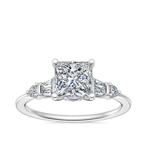 1.00 Carat Excellent Princess Cut Natural Diamond Unique Solitaire with Accents Ring for Women Solid 18K White Gold Size 8.5