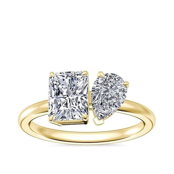1.00 Carat Excellent Radiant & Pear Cut Real Diamond New Design Two Stone Ring for Wedding Solid 18K Yellow Gold Size 11