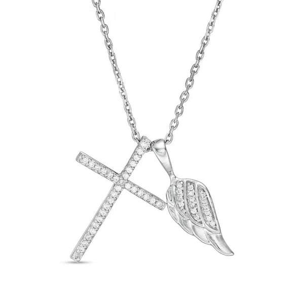 1.00 Carat Excellent Round Cut Natural Diamond Beautiful Divine Wings Charm Cross Necklace for Women 14K White Gold With 18 inches chain