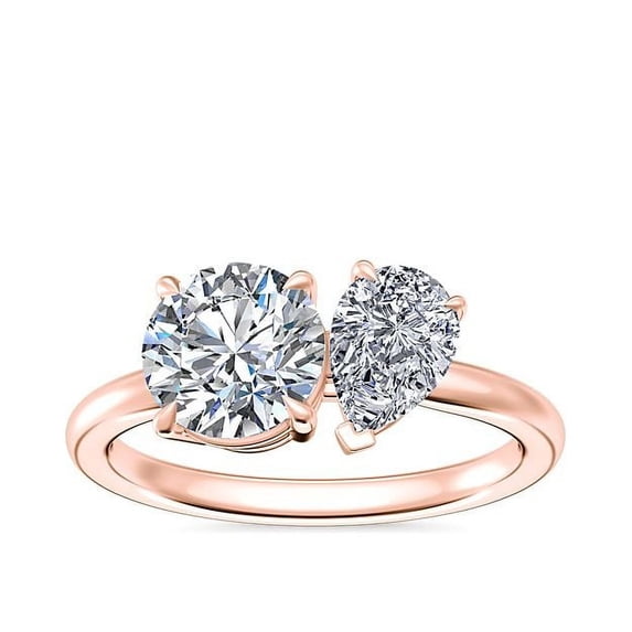 1.00 Carat Excellent Round & Pear Cut Natural Diamond Unique Two Stone Ring for Women Solid 18K Rose Gold Size 8.5