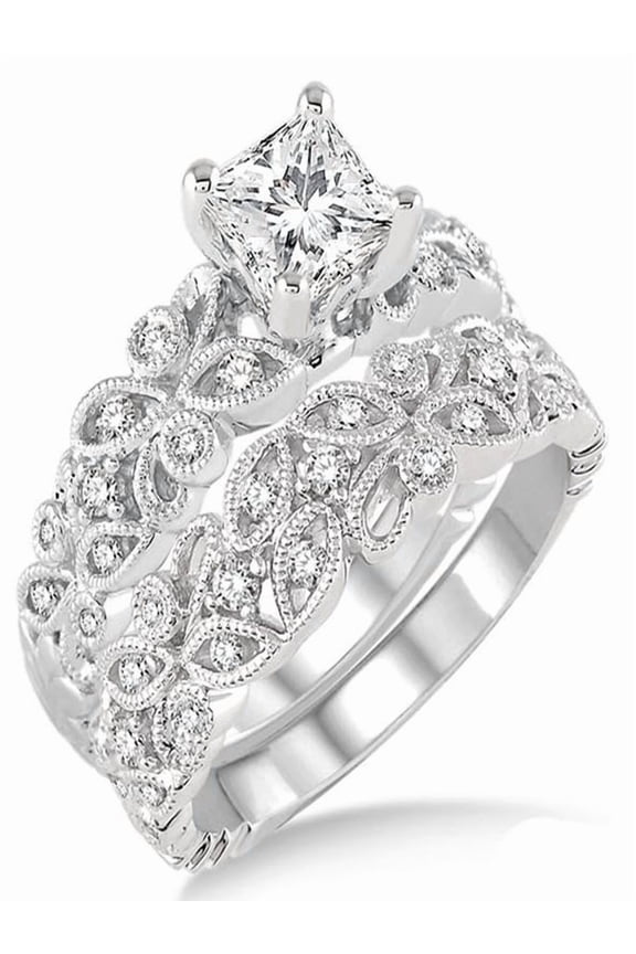 1.00 Carat Infinity Floral Antique Bridal set in Princess cut diamond in 10k white gold