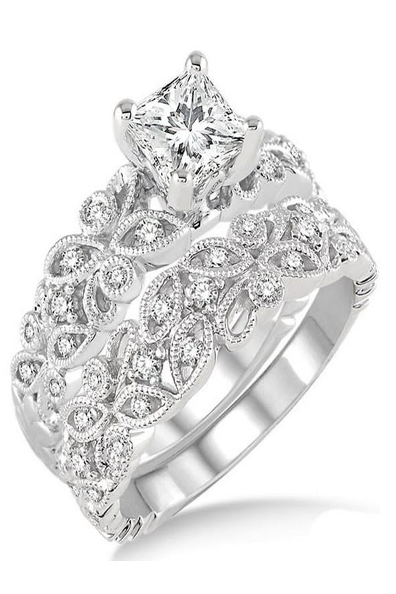 1.00 Carat Infinity Floral Antique Bridal set in Princess cut diamond in 10k white gold