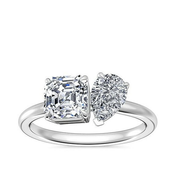 1.00 Carat Latest Design Asscher & Pear Cut Real Diamond Two Stone Wedding Ring for Ladies Solid 14K White Gold Size 7