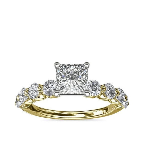 1.00 Carat Princess Cut Real Diamond Beautiful Solitaire with Accents Ring for Engagement in Solid 14K Yellow Gold Size 7