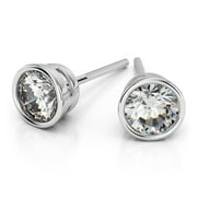 DIAMOND-CAPITALS 1.00 Carat Round Cut Diamond Bezel Stud Earrings for women Solid 14K White Gold Push Back Studs Earring