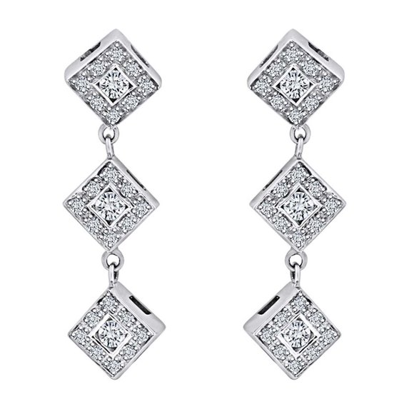 AFFY 1.00 Carat Round Shape Natural Diamond Three Station Drop Earrings 14K Solid White Gold