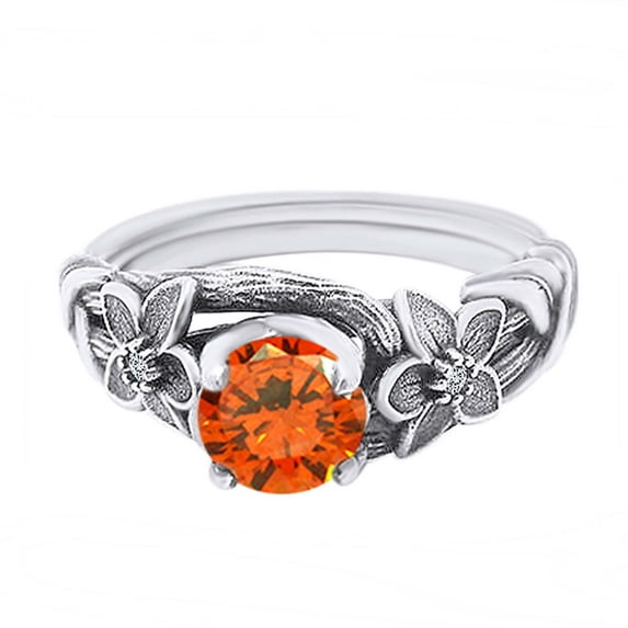 AFFY 1.00 Carat Round Shape Simulated Orange Citrine Branch Engagement Ring 14K Solid Gold White Gold Ring Size-6