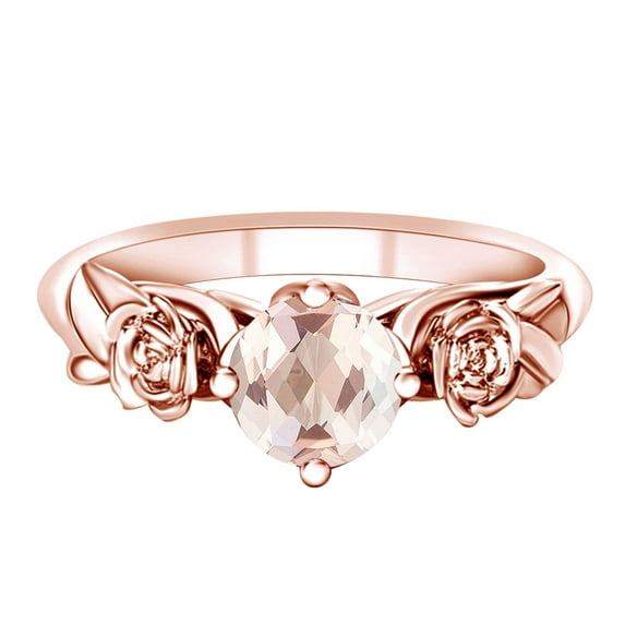 AFFY 1.00 Carat Round Shape Simulated Pink Morganite Rose and Leaf Engagement Ring 14k Solid Rose Gold Ring Size-6