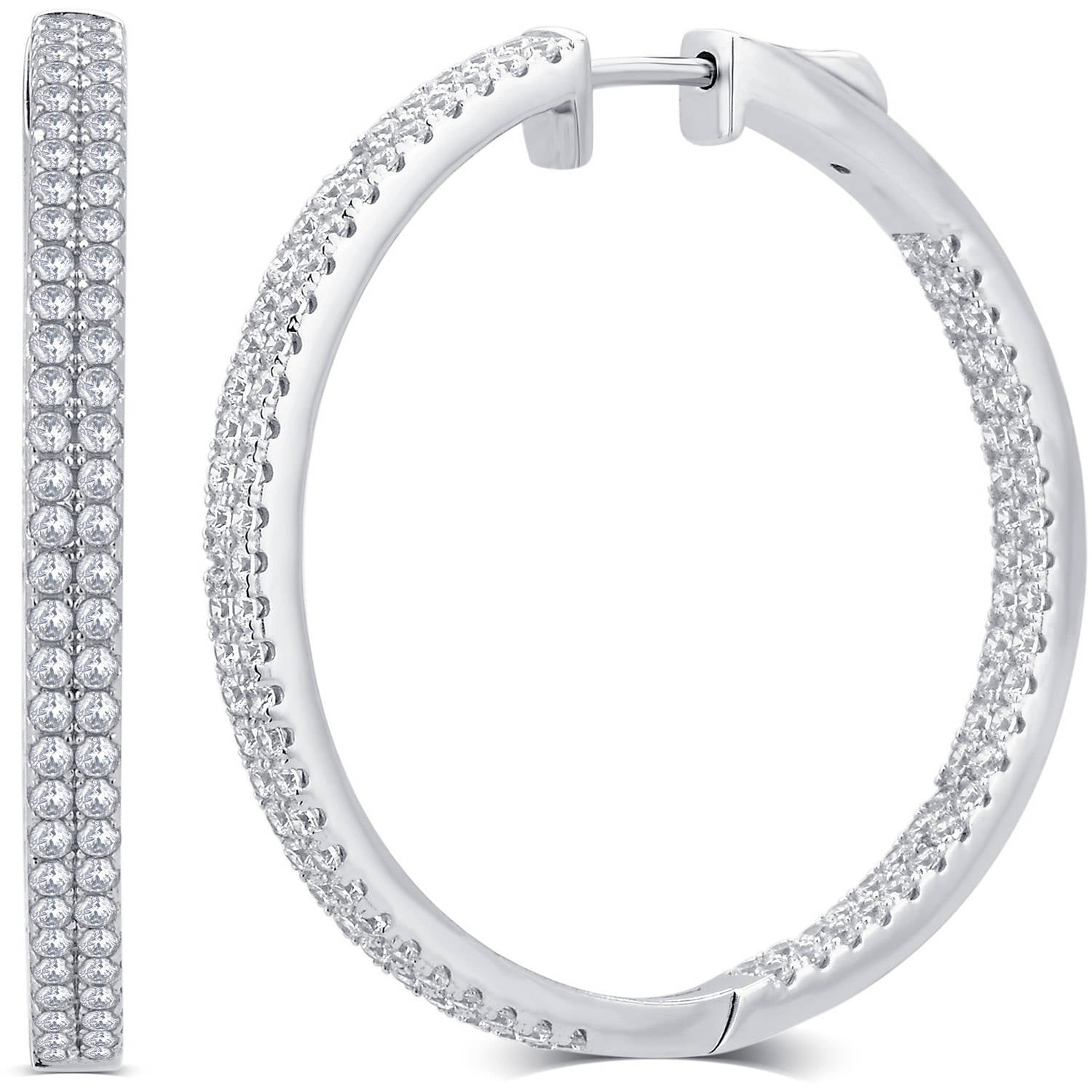 1.00 Carat T.G.W. CZ Rhodium-Tone Inside-Outside Brass Hoop Earrings