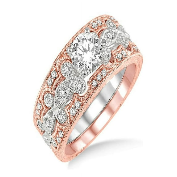 1.00 Carat Vintage Trio Bridal Set Engagement Ring with Princess Diamond in 10k White and Rose Gold