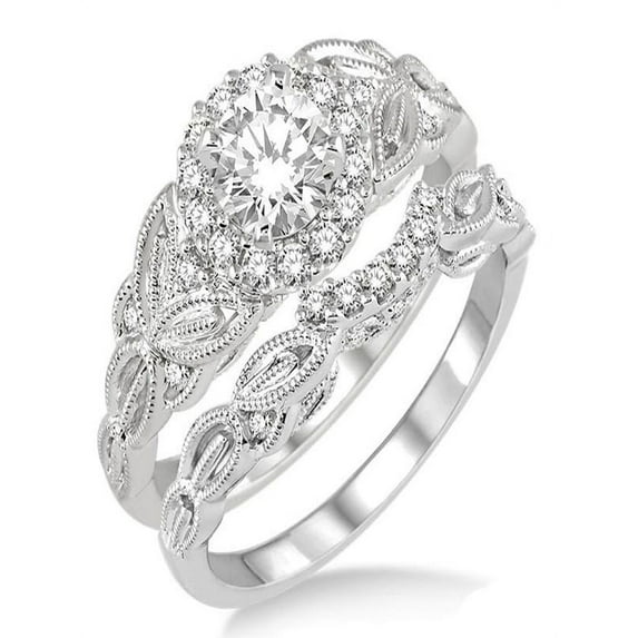 1.00 Carat Vintage floral Bridal Set Engagement Ring with Round Diamond in 10k White Gold