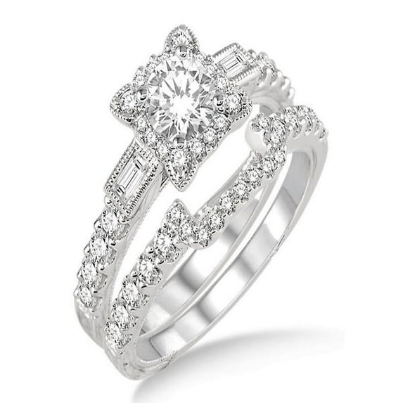 1.00 Carat Vintage floral Bridal Set Engagement Ring with Round Diamond in 10k white Gold