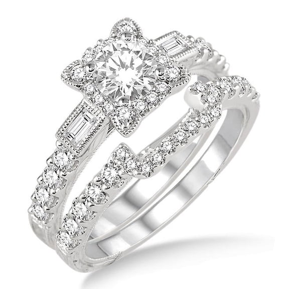 1.00 Carat Vintage floral Bridal Set Engagement Ring with Round Diamond in 10k white Gold