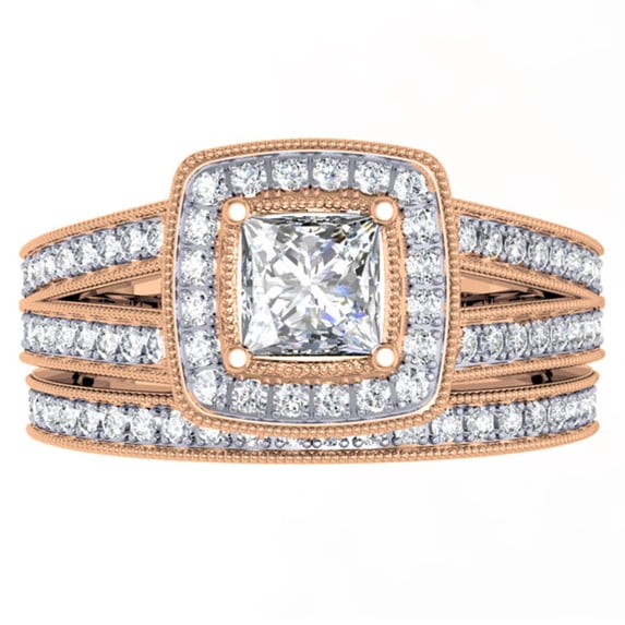 1.00 Carat (ctw) 10K Rose Gold Princess & Round Cut Diamond Ladies Split Shank Halo Bridal Engagement Ring With Matching