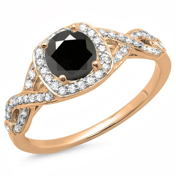 1.00 Carat (ctw) 10K Rose Gold Round Black & White Diamond Ladies Swirl Split Shank Halo Engagement Ring 1 CT