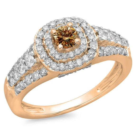 1.00 Carat (ctw) 10K Rose Gold Round Cut Champagne & White Diamond Ladies Vintage Style Bridal Halo Engagement Ring 1 CT
