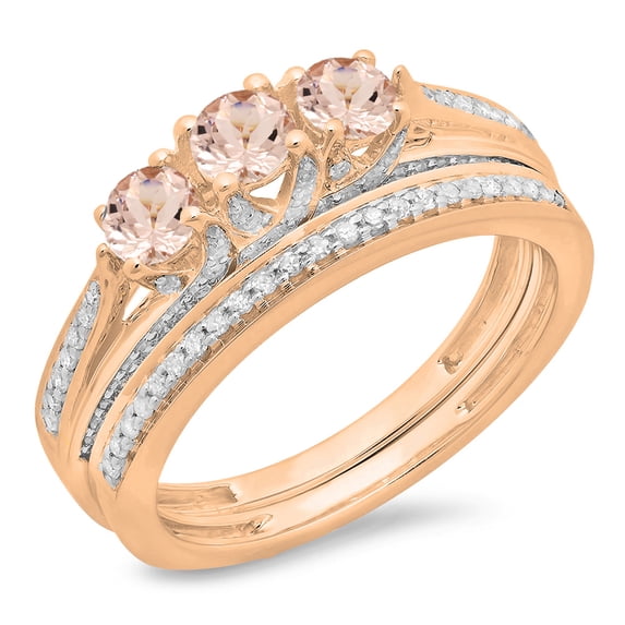 1.00 Carat (ctw) 10K Rose Gold Round Cut Morganite & White Diamond Ladies Bridal 3 Stone Engagement Ring With Matching B