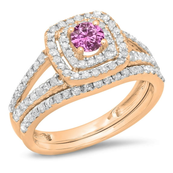 1.00 Carat (ctw) 10K Rose Gold Round Cut Pink Sapphire & White Diamond Ladies Bridal Split Shank Halo Engagement Ring Wi