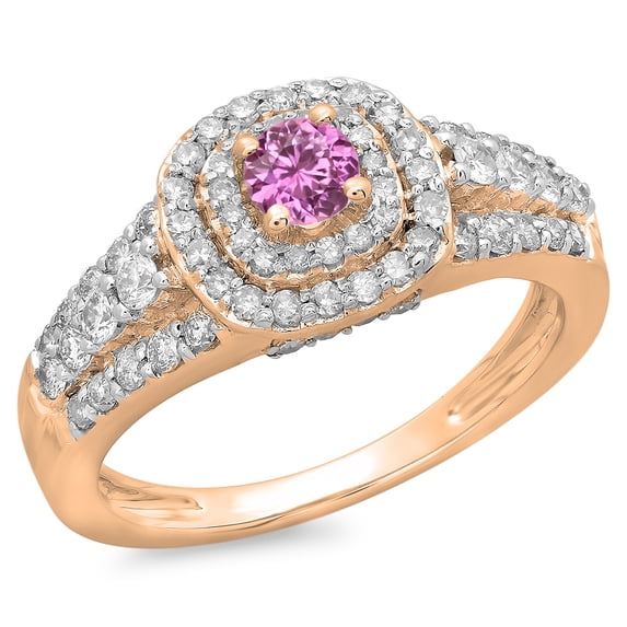 1.00 Carat (ctw) 10K Rose Gold Round Cut Pink Sapphire & White Diamond Ladies Vintage Style Bridal Halo Engagement Ring