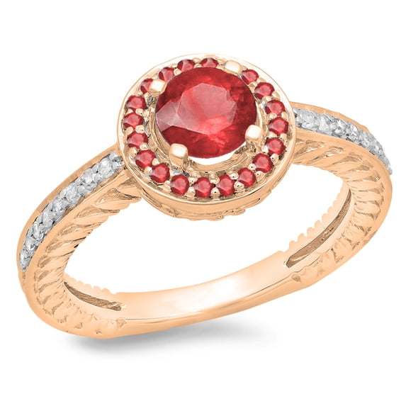1.00 Carat (ctw) 10K Rose Gold Round Cut Ruby & White Diamond Ladies Bridal Vintage Halo Style Engagement Ring 1 CT
