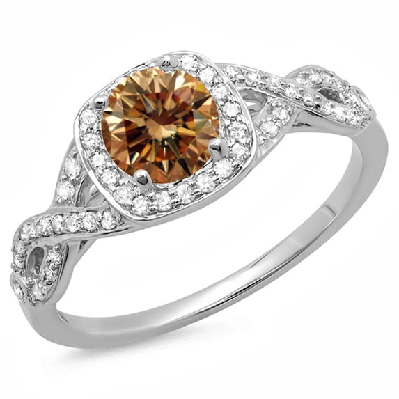 1.00 Carat (ctw) 10K White Gold Round Champagne & White Diamond Ladies Swirl Split Shank Halo Engagement Ring 1 CT