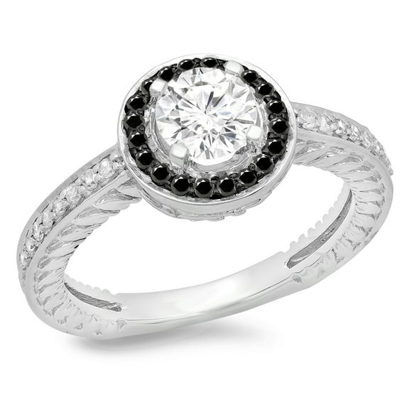 1.00 Carat (ctw) 10K White Gold Round Cut Black & White Diamond Ladies Bridal Vintage Halo Style Engagement Ring 1 CT
