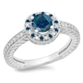 thumbnail image 1 of 1.00 Carat (ctw) 10K White Gold Round Cut Blue & White Diamond Ladies Bridal Vintage Halo Style Engagement Ring 1 CT, 1 of 1
