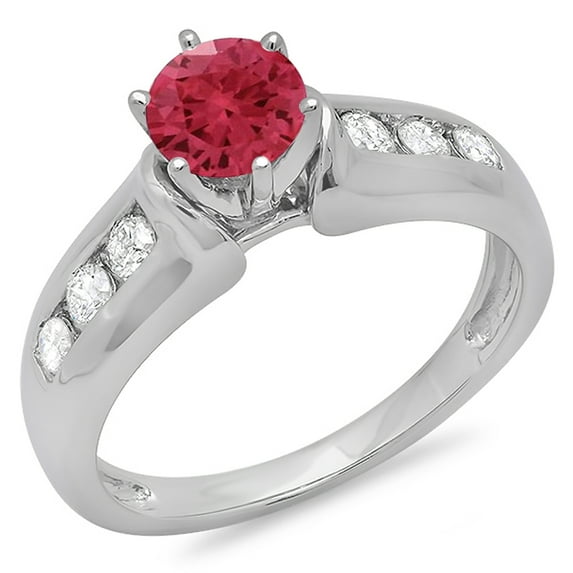 1.00 Carat (ctw) 10K White Gold Round Cut Red Ruby & White Diamond Ladies Bridal Solitaire With Accents Engagement Ring