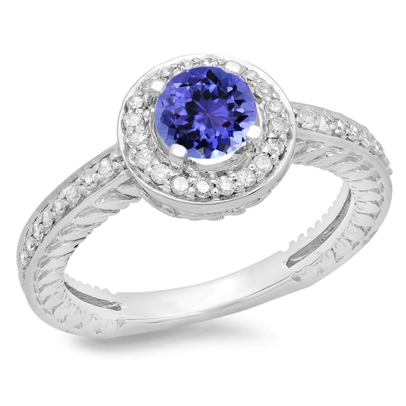 1.00 Carat (ctw) 10K White Gold Round Cut Tanzanite & White Diamond Ladies Bridal Vintage Halo Style Engagement Ring 1 C