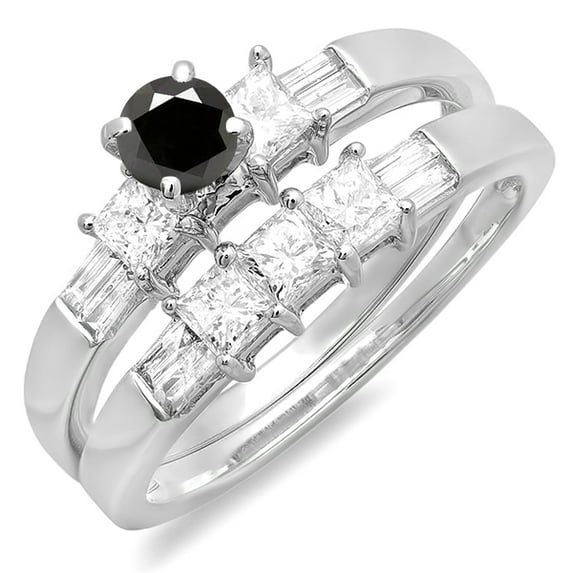 1.00 Carat (ctw) 10K White Gold Round Princess & Baguette Cut Black & White Diamond Ladies Bridal Engagement Ring Set 1