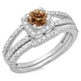 thumbnail image 1 of 1.00 Carat (ctw) 10K White Gold Round White & Champagne Diamond Ladies Split Shank Halo Bridal Engagement Ring With Matc, 1 of 1