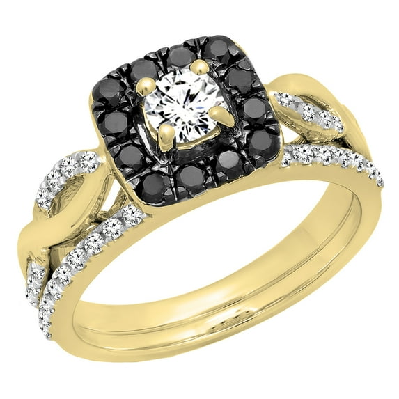 1.00 Carat (ctw) 10K Yellow Gold Round Cut Black & White Diamond Ladies Swirl Split Shank Halo Bridal Engagement Ring Wi