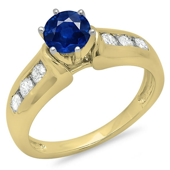 1.00 Carat (ctw) 10K Yellow Gold Round Cut Blue Sapphire & White Diamond Ladies Bridal Solitaire With Accents Engagement