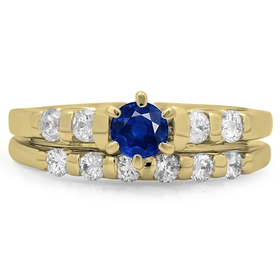 1.00 Carat (ctw) 10K Yellow Gold Round Cut Blue Sapphire & White Diamond Ladies Bridal Solitaire With Accents Engagement
