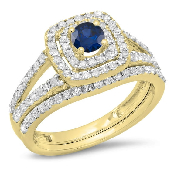 1.00 Carat (ctw) 10K Yellow Gold Round Cut Blue Sapphire & White Diamond Ladies Bridal Split Shank Halo Engagement Ring